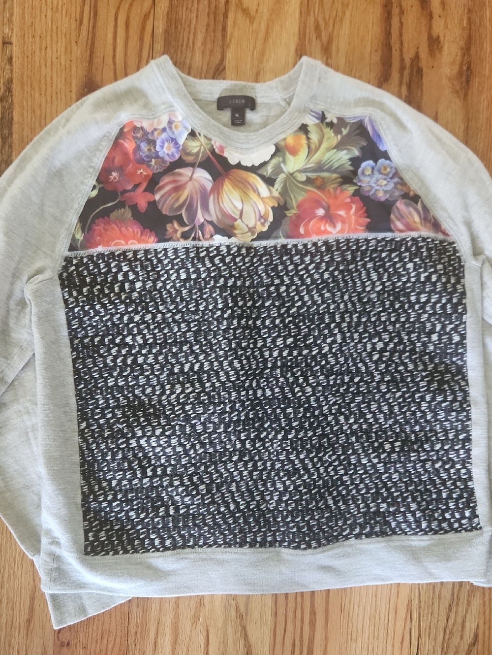 J. Crew Gray Sweatshirt with Floral Chest Panel and Black-White Knit